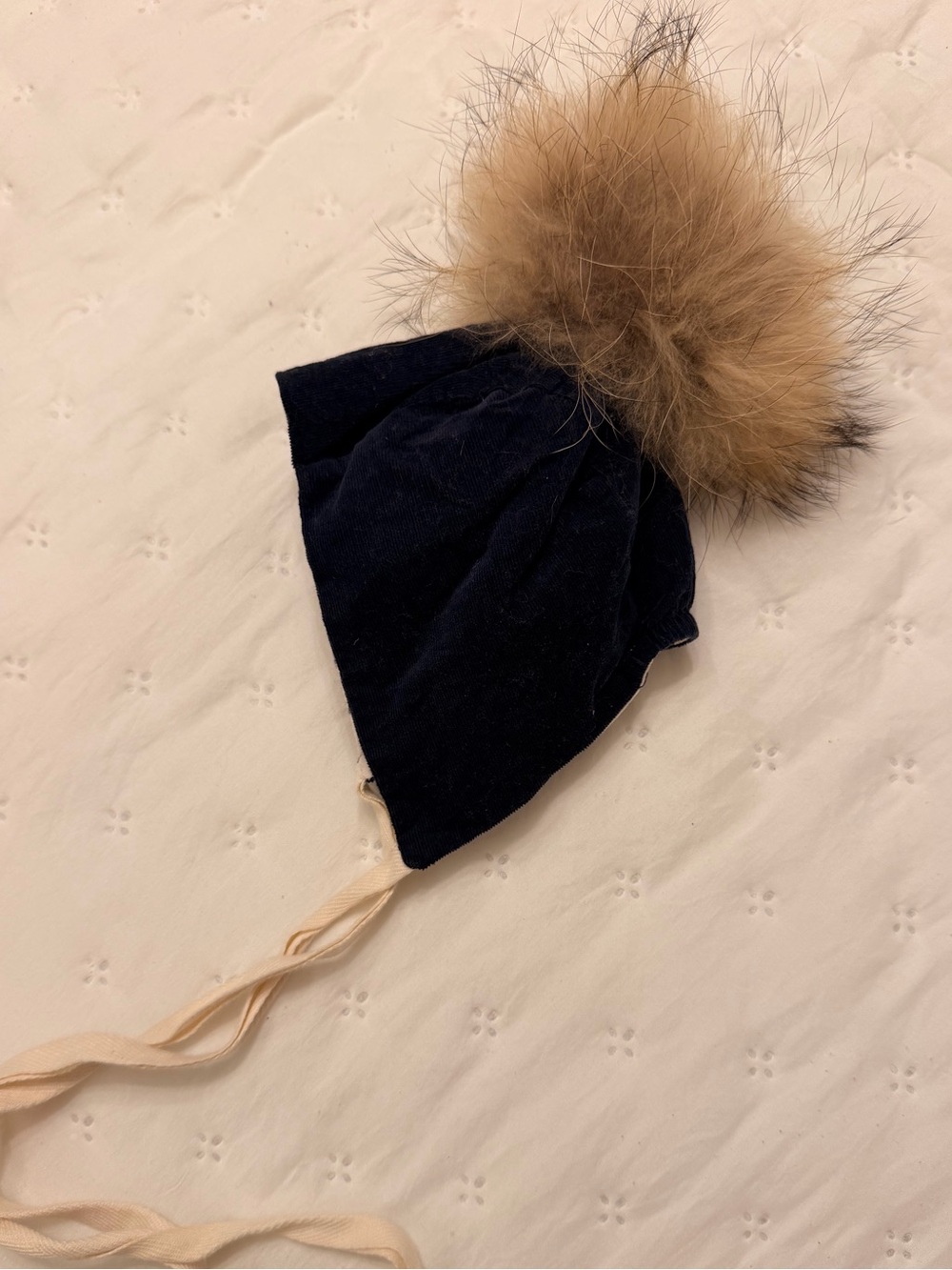 Navy Kids Winter Hat with Brown Faux-Fur Pom and Chin Ties